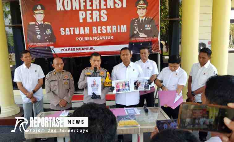 Polres Ngajuk menggelar konferensi pers kasus korupsi anggaran PAD Rp.1,2 miliar Desa Sukorejo.