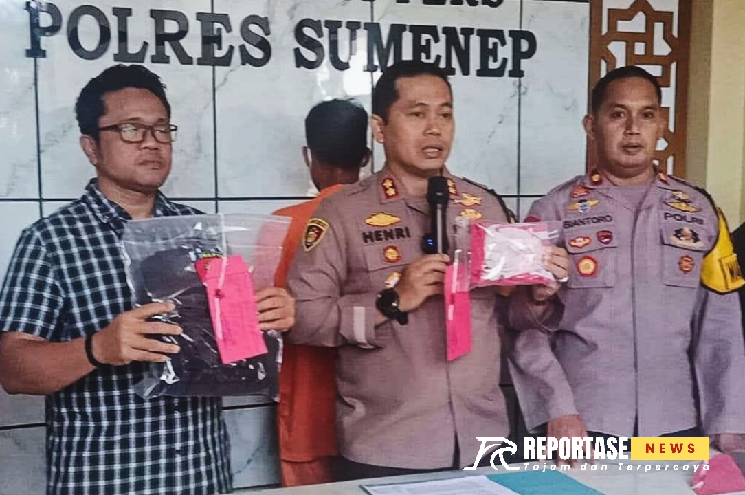 Kapolres, AKBP Henri Noveri Santoso didampingi Wakapolres dan Kasatreskrim Sumenep saat konferensi pers, @by_reportasenews.net